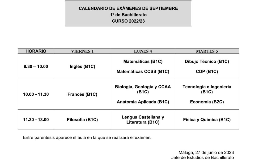 Calendario de Exámenes de Septiembre 2023 1º de Bachillerato