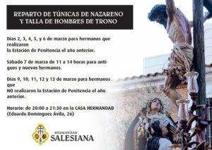 Hermandad Salesiana: Reparto de túnicas de nazareno y talla de hombres de trono.