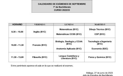 Calendario de Exámenes de Septiembre 2023 1º de Bachillerato