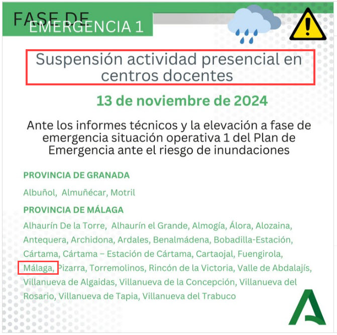 La Junta de Andalucía suspende las clases el miércoles 13 de noviembre